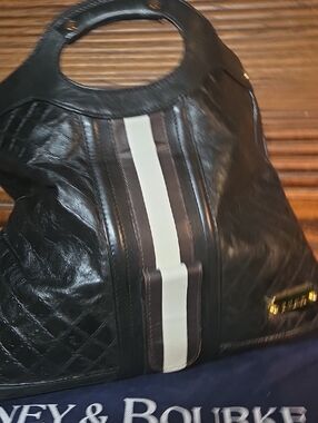 Black Leather Shoulder Bag with White Stripe